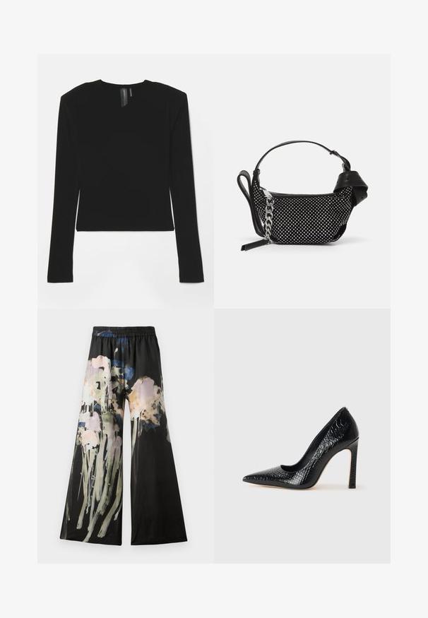 Černý dlouhý rukáv top vyrobený z elastického materiálu s výstřihem do V a přiléhavým střihem, s hladkým texturem a zkrácenou délkou.; Kalhoty s širokými nohavicemi z černé látky s akvarelovým květinovým potiskem v růžových, modrých a zelených odstínech; elastický pas pro pohodlí.; Černý lodičkový bot s špičatou špičkou, pokrytý texturou krokodýlí kůže, s elegantním designem, vysokým stiletto podpatkem a hladkým černým interiérem.; Černá kabelka s cvočky, řetízkem a hladkým koženým držadlem, kulatého tvaru a se zipovou kapsou.