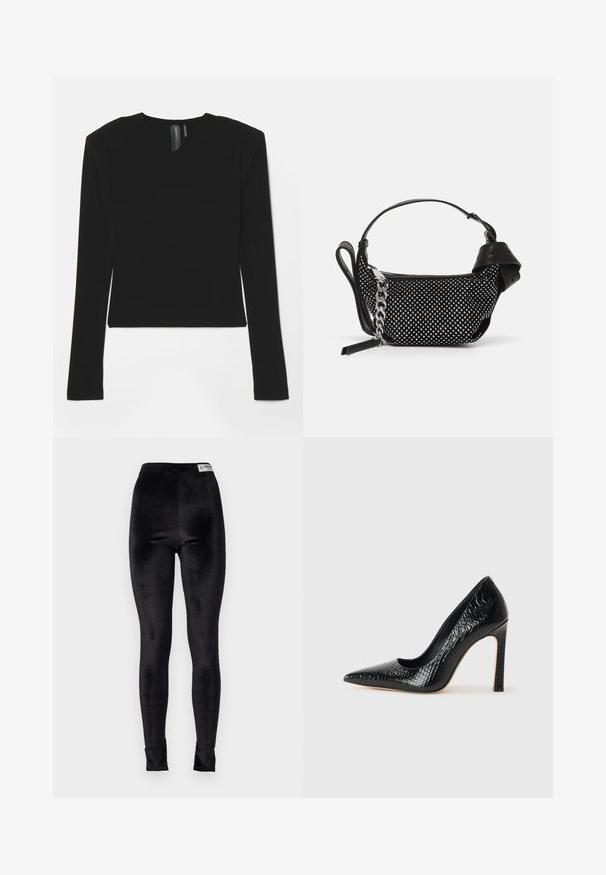 Top nera a maniche lunghe realizzato in tessuto elasticizzato, con scollo a V e design aderente, caratterizzato da una texture liscia e una lunghezza cropped.; Leggings in velluto nero con vita alta, superficie liscia e design aderente; include un'etichetta del marchio sulla cintura.; Scarpa nera con punta a punta alta in pelle di coccodrillo, caratterizzata da un design elegante, alto tacco a spillo e interno nero liscio.; Borsa nera con decorazioni a borchie, una tracolla a catena e un manico in pelle liscia, dalla forma rotonda e con scomparto con zip.