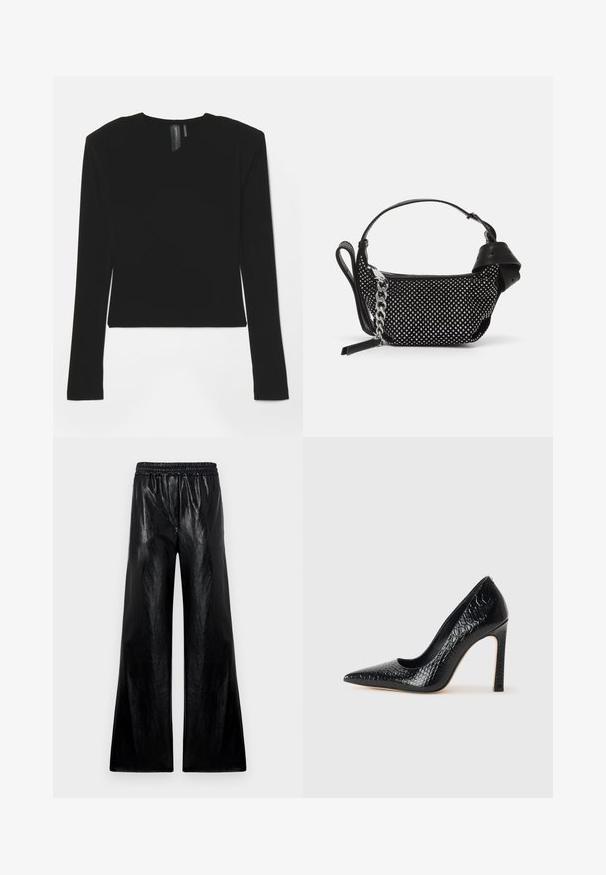 Schwarzes Langarmoberteil aus dehnbarem Material mit V-Ausschnitt und figurbetontem Design, das eine glatte Textur und eine gekürzte Länge aufweist.; Weite Hosen aus glänzendem schwarzem Material mit elastischem Bund. Der Stoff hat eine glatte Textur und einen leichten Glanz.; Schwarzer, spitz zulaufender High Heel mit Krokodilleder-Struktur, elegantem Design, hohem Stiletto-Absatz und glattem schwarzen Innenraum.; Schwarze Handtasche mit Nietenverzierungen, einer Kettenriemen und einem glatten Ledergriff, in runder Form und mit einem Reißverschlussfach.