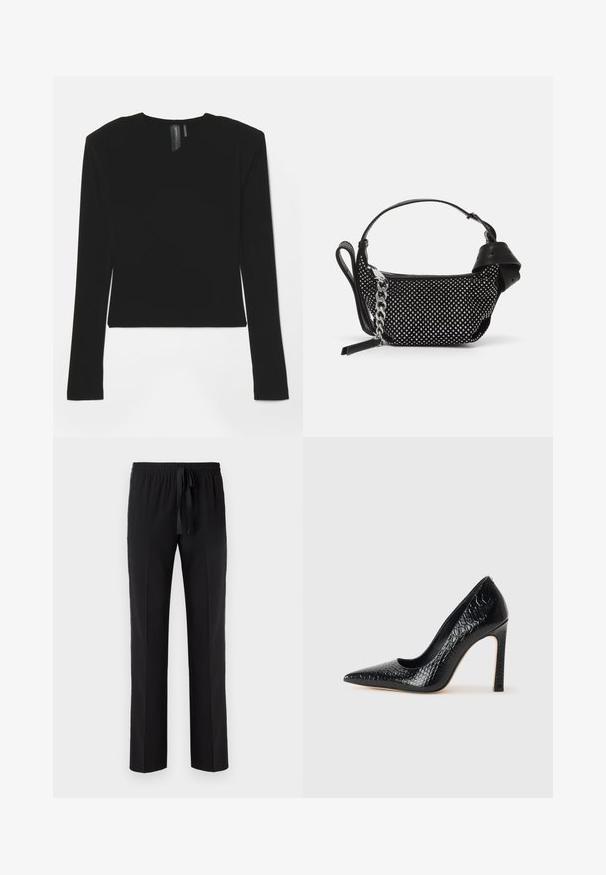 Zwarte lange mouw top gemaakt van rekbaar materiaal met een V-hals en een aansluitend ontwerp, met een gladde textuur en een cropped lengte.; Zwarte broek met een elastische tailleband en verstelbaar trekkoord, met een rechte pasvorm en een gladde textuur. Geen patronen of accenten.; Zwarte puntige hoge hak schoen met een krokodillenleren textuur, met een slank ontwerp, hoge stiletto-hak, en een gladde zwarte binnenkant.; Zwarte handtas met studded embellishments, een kettingriem en een soepel leren handvat, met een afgeronde vorm en een ritscompartiment.