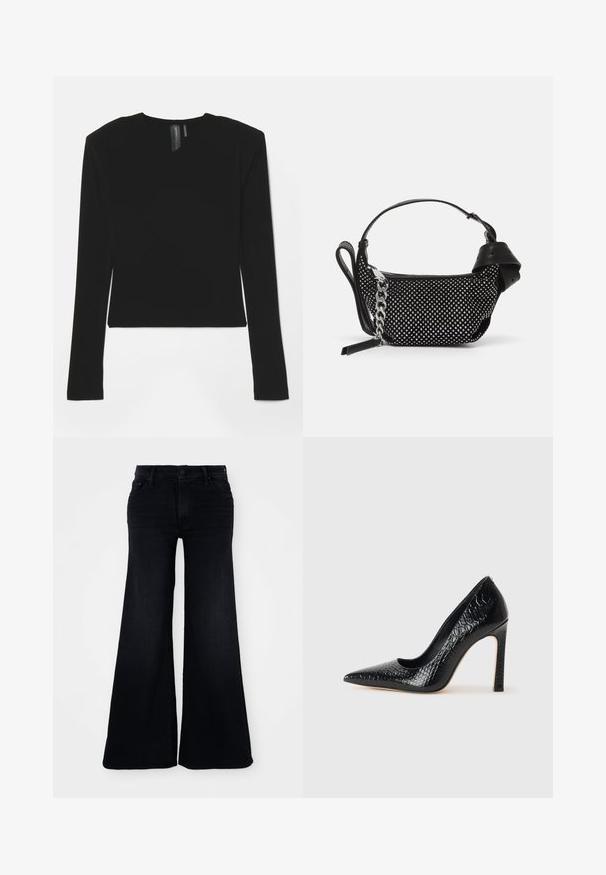 Črn dolg rokav s pretegnjeno tkanino, V-izrezom in prilagojenim krojem, z gladko teksturo in skrajšano dolžino.; Razširjene črne kavbojke iz denima, z visokim pasom, z gumbom na zapiranju in širokimi nogami z jasnim robom na robu.; Črne čevlje z visoko peto in konico v obliki puščice, z teksturo krokodilje kože, ki se ponašajo s sleek oblikovanjem, visokim stiletto peto in gladkim črnim notranjostjo.; Črna torbica z teksturiranim dizajnom, okrašena s srebrnimi bleščicami in debelim srebrnim trakovanjem. Ima eleganten, minimalističen oblik.
