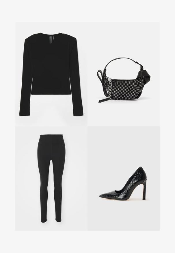 Černý dlouhý rukáv top vyrobený z elastického materiálu s výstřihem do V a přiléhavým střihem, s hladkým texturem a zkrácenou délkou.; Černé legíny s vysokým pasem vyrobené z pružného materiálu, s hladkým povrchem a přiléhavým střihem, dosahující až k kotníkům, bez vzorů.; Černý lodičkový bot s špičatou špičkou, pokrytý texturou krokodýlí kůže, s elegantním designem, vysokým stiletto podpatkem a hladkým černým interiérem.; Černá kabelka s cvočky, řetízkem a hladkým koženým držadlem, kulatého tvaru a se zipovou kapsou.