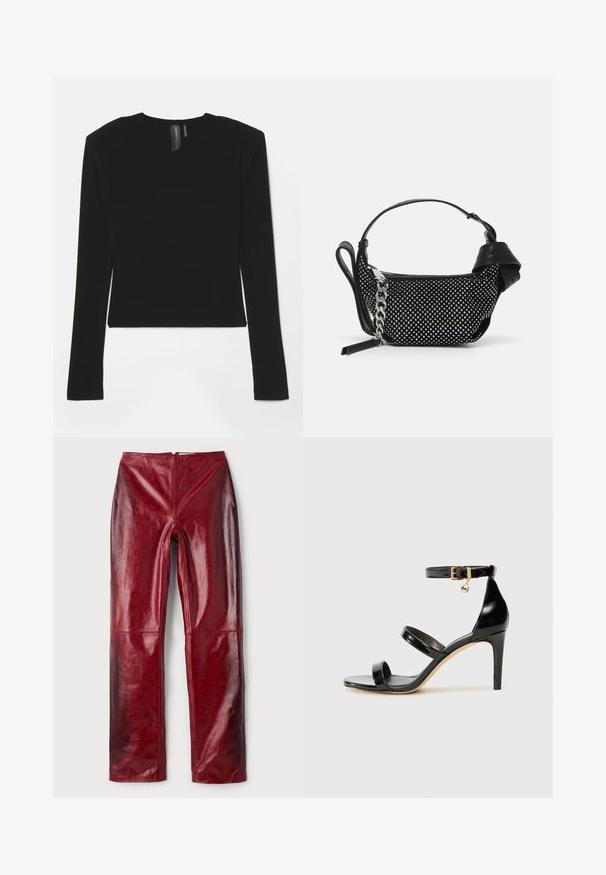 Black long-sleeve top made of stretchy fabric with a V-neckline and fitted design, featuring a smooth texture and a cropped length.; Red faux leather pants with a glossy finish, featuring a subtle embossed pattern, straight leg design, and a back zipper closure.; Black patent leather sandal with three straps, ankle buckle, and 4-inch stiletto heel. Features gold hardware detail and logo charm.; Black handbag featuring studded embellishments, a chain strap, and a smooth leather handle, with a rounded shape and zipped compartment.