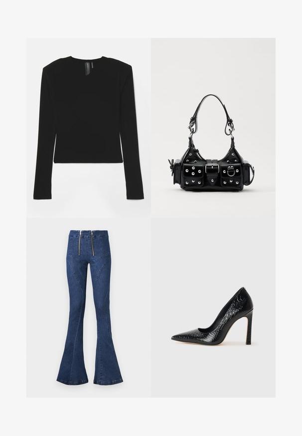 Schwarzes Langarmoberteil aus dehnbarem Material mit V-Ausschnitt und figurbetontem Design, das eine glatte Textur und eine gekürzte Länge aufweist.; Hoch sitzende, dunkelblaue Schlagjeans mit einem doppelten Reißverschluss vorne, die kurvenförmige Nahtdetails und eine glatte Denim-Textur aufweisen.; Schwarzer, spitz zulaufender High Heel mit Krokodilleder-Struktur, elegantem Design, hohem Stiletto-Absatz und glattem schwarzen Innenraum.; Schwarze Lederhandtasche mit einem geschwungenen Design, verziert mit silbernen Nieten, einer Schnalle und zwei seitlichen Taschen. Verstellbarer Träger für verschiedene Tragemöglichkeiten.