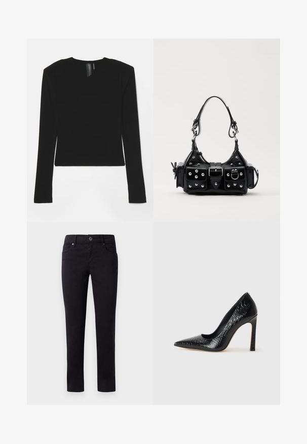 Crni dugi rukav top napravljen od rastezljivog materijala s V-izrezom i prilagođenim dizajnom, s glatkom teksturom i skraćenom dužinom.; Crne pamučne hlače ravnog kroja, s prednjim džepovima i dugmetom za zatvaranje u struku. Glatka tekstura bez uzoraka.; Crne visoke potpetice s oštrim prstima, od teksture krokodilske kože, elegantnog dizajna, visoke stiletto potpetice i glatkog crnog unutrašnjosti.; Crna kožna torba s zakrivljenim dizajnom, koja sadrži srebrne zakovice, kopču i dva bočna džepa. Podesiva traka za različite opcije nošenja.