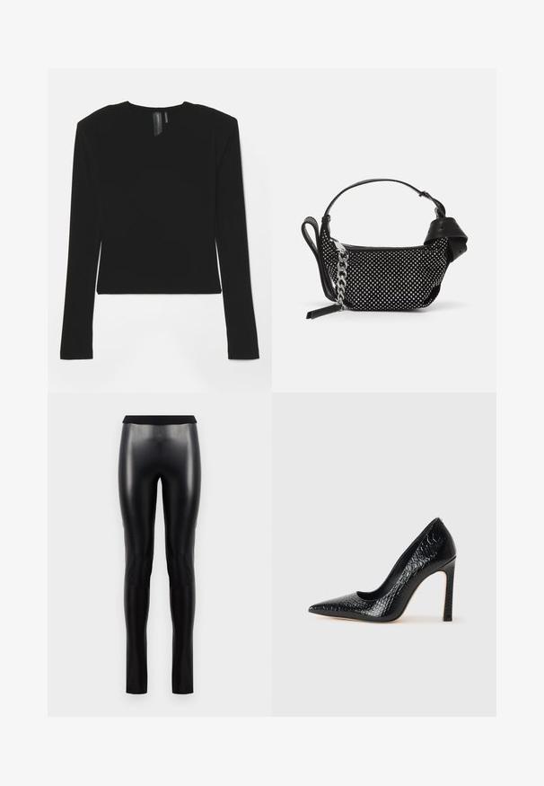 Črn dolg rokav s pretegnjeno tkanino, V-izrezom in prilagojenim krojem, z gladko teksturo in skrajšano dolžino.; Črne legice iz umetnega usnja s gladko teksturo, oprijetim silhueto in širokim pasom. Brez vidnih šivov ali vzorcev.; Črne čevlje z visoko peto in konico v obliki puščice, z teksturo krokodilje kože, ki se ponašajo s sleek oblikovanjem, visokim stiletto peto in gladkim črnim notranjostjo.; Črna torbica z teksturiranim dizajnom, okrašena s srebrnimi bleščicami in debelim srebrnim trakovanjem. Ima eleganten, minimalističen oblik.