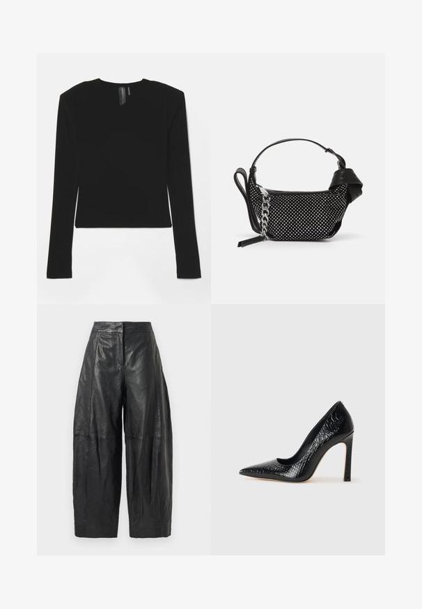 Černý dlouhý rukáv top vyrobený z elastického materiálu s výstřihem do V a přiléhavým střihem, s hladkým texturem a zkrácenou délkou.; Černé kožené kalhoty s širokým střihem a vysokým pasem, které mají jemné švy a hladkou texturu. Zkrácená délka do poloviny lýtek.; Černý lodičkový bot s špičatou špičkou, pokrytý texturou krokodýlí kůže, s elegantním designem, vysokým stiletto podpatkem a hladkým černým interiérem.; Černá kabelka s cvočky, řetízkem a hladkým koženým držadlem, kulatého tvaru a se zipovou kapsou.