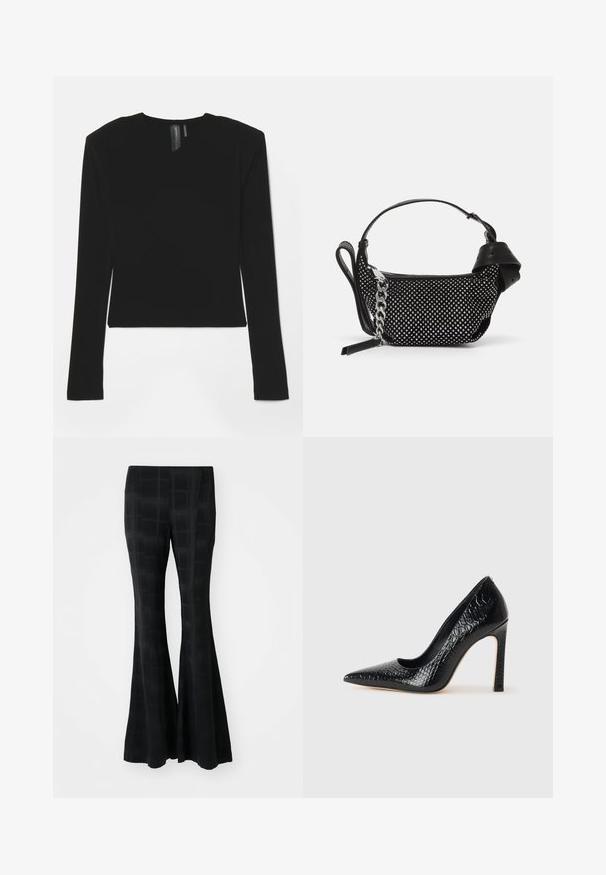 Czarna bluzka z długim rękawem, wykonana z elastycznego materiału, z dekoltem w serek i dopasowanym krojem, charakteryzująca się gładką fakturą i skróconą długością.; Czarne spodnie w stylu dzwonów wykonane z gładkiego materiału, z wzorem w kratkę, który tworzy subtelną teksturę i dopasowany krój.; Czarne szpilki z ostrym noskiem, pokryte teksturą skóry krokodyla, charakteryzujące się eleganckim wzornictwem, wysokim obcasem w stylu stiletto oraz gładkim czarnym wnętrzem.; Czarna torebka z ćwiekowanymi zdobieniami, łańcuszkowym paskiem i gładkim skórzanym uchwytem, o zaokrąglonym kształcie i zamykanej kieszeni.