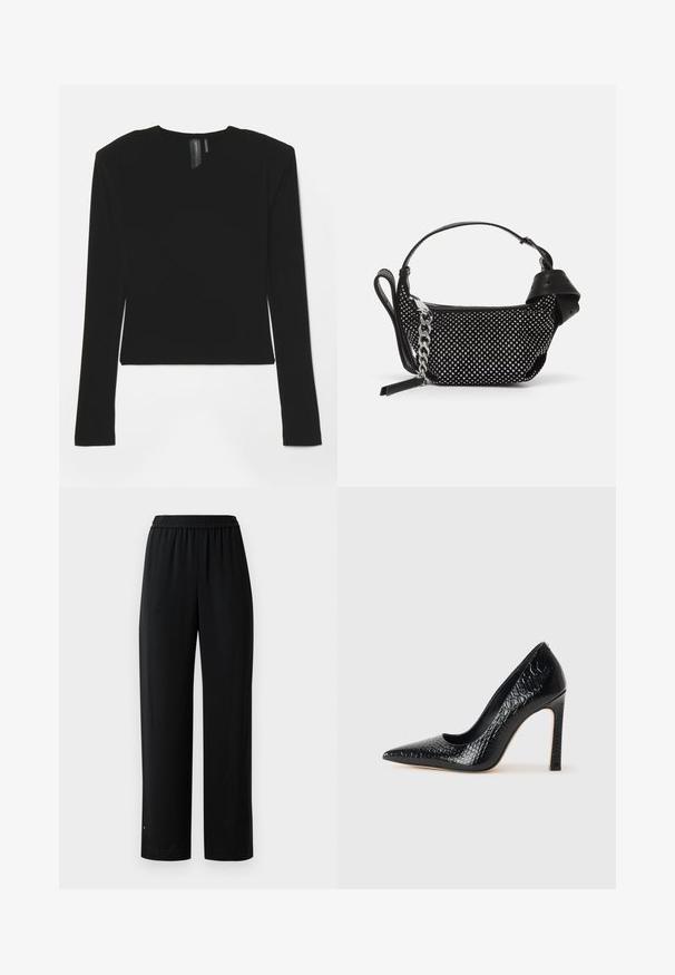 Schwarzes Langarmoberteil aus dehnbarem Material mit V-Ausschnitt und figurbetontem Design, das eine glatte Textur und eine gekürzte Länge aufweist.; Schwarze weite Hosen aus glattem Stoff mit elastischem Bund. Mit geradem Schnitt und minimalen Details. Geeignet für die Freizeit.; Schwarzer, spitz zulaufender High Heel mit Krokodilleder-Struktur, elegantem Design, hohem Stiletto-Absatz und glattem schwarzen Innenraum.; Schwarze Handtasche mit Nietenverzierungen, einer Kettenriemen und einem glatten Ledergriff, in runder Form und mit einem Reißverschlussfach.