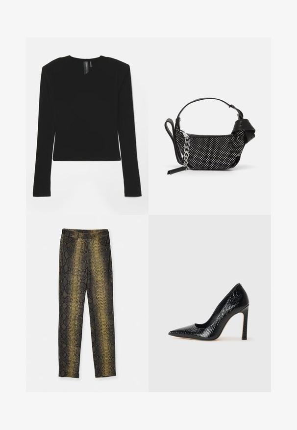 Black long-sleeve top made of stretchy fabric with a V-neckline and fitted design, featuring a smooth texture and a cropped length.; High-waisted pants in a snake print pattern, featuring shades of brown and gold. Made of smooth fabric with two pockets.; Black pointed-toe high heel shoe with a crocodile-skin texture, featuring a sleek design, high stiletto heel, and smooth black interior.; Black handbag featuring studded embellishments, a chain strap, and a smooth leather handle, with a rounded shape and zipped compartment.