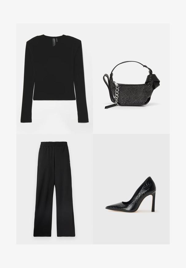 Crni dugi rukav top napravljen od rastezljivog materijala s V-izrezom i prilagođenim dizajnom, s glatkom teksturom i skraćenom dužinom.; Crne hlače širokih nogavica s elastičnim pojasom, izrađene od glatkog materijala. Nemaju džepove ni posebne uzorke.; Crne visoke potpetice s oštrim prstima, od teksture krokodilske kože, elegantnog dizajna, visoke stiletto potpetice i glatkog crnog unutrašnjosti.; Crna torbica s ukrasima od studenaca, lančanim remenom i glatkom kožnom drškom, zaobljenog oblika i zatvorenim odjeljkom na zip.
