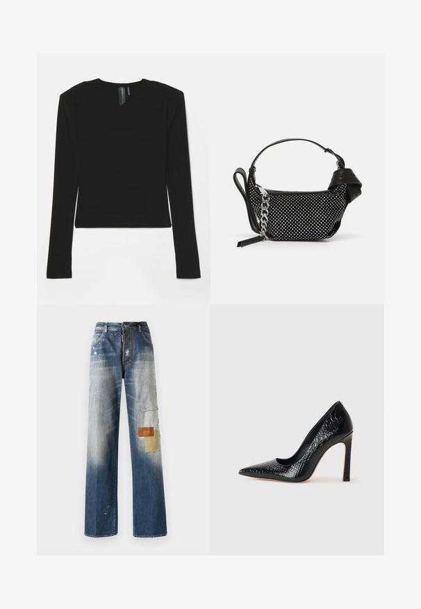 Črn dolg rokav s pretegnjeno tkanino, V-izrezom in prilagojenim krojem, z gladko teksturo in skrajšano dolžino.; Modri kavbojke z ohlapnim krojem, zbledelimi deli in različnimi teksturiranimi obliži v rjavi in bež barvi na levi nogi. Opažene so svetle poškodbe.; Črne čevlje z visoko peto in konico v obliki puščice, z teksturo krokodilje kože, ki se ponašajo s sleek oblikovanjem, visokim stiletto peto in gladkim črnim notranjostjo.; Črna torbica z okrasnimi žebljički, verižnim trakom in gladkim usnjenim ročajem, zaokrožene oblike z zaklepanjem na zadrgo.