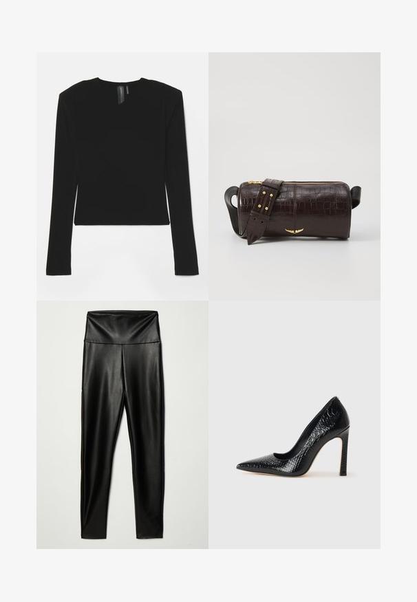 Must mustakavöödiga must pikkade varrukatega topp, valmistatud venivast kangast, V-kaeluse ja vormitud disainiga, sujuva tekstuuriga ja lühemal pikkusel.; Mustad kunstnahast legginsid kõrge vöökohaga, omades siledat tekstuuri ja sobivat siluetti, ulatudes pahkluuni.; Mustan teravaotsaga kõrge kontsaga king, millel on krokodillimustriga tekstuur, stiilne disain, kõrge stilettokonts ja sile must sisesisustus.; Pruunist krokodillimustrist nahast kott, millel on silindri kuju, kuldse tooni metalldetailid ja eemaldatav rihm, kus on nupud.