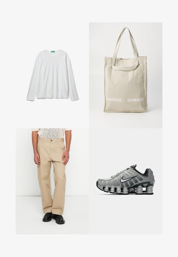 Effen witte lange mouwen crewneck shirt met een groene label bij de hals, plat gelegd op een witte achtergrond.; Beige katoenen broek met een rechte pijp, voorzien van een knoopsluiting, voorzakken en een gladde textuur. Draagt zwarte schoenen.; Grijze en zwarte Nike hardloopschoen met zichtbare veerachtige demping onder de zool en een wit swoosh-logo aan de zijkant.; Canvas tote bag in lichtbeige met dubbele handvatten, voorzien van het "SAMSOE" logo in het wit gedrukt op de voorkant. Rechthoekige vorm met een eenvoudig ontwerp.