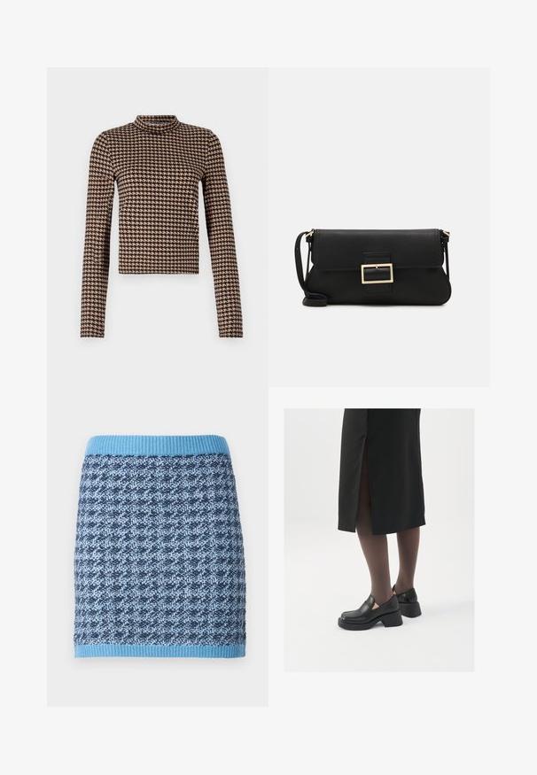 Ilgos rankovės marškiniai juodos ir rusvos spalvos šachmatiniu raštu, su aukštu kaklu ir prigludusia siluetu, pagaminti iš minkštos, elastingos medžiagos.; Žakardinė sijonas su geometriniu raštu mėlynos spalvos atspalviuose, pasižymintis šviesiai mėlynu guma ir tekstūruotu audiniu.; Juodos odinės bateliai su apvaliu nosiu, stora blokine pakulne ir elastingais šonais, derinami su tamsiomis pėdkelnėmis ir juoda sijonu su plyšiu.; Juodas odinis dėkliukas su atvarteliu ir auksinės metalinės sagties detalėmis. Įeina juodas diržas ir elegantiškas, minimalistinis dizainas.; Sidabrinės pusmėnulio auskarai minimalistiniu dizainu. Apskritimo forma, lygus paviršius ir plonas profilis. Lengvi su poliruotu apdailu.