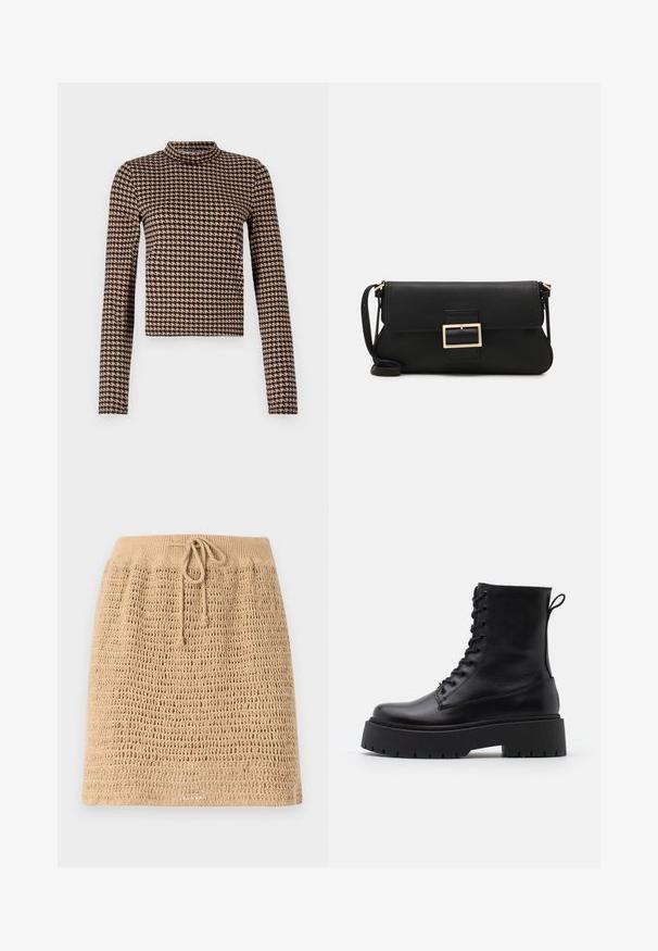 Ilgiem piedurknēm tops melnbaltā kaņepju rakstā, ar augstu kaklu un pieguļošu siluetu, izgatavots no mīksta, elastīga materiāla.; Adīta bežīga svārku ar strukturētu, atvērtu audumu. Iekļautas ir saites jostas regulēšanai. Malas ir taisnas.; Melni ādas potītēm zābaki ar apļveida purngalu, auklām priekšpusē un biezu gumijas zoli ar teksturētu protektoru. Velkšanas cilpa aizmugurē.; Melnas ādas saķeres soma ar atloku un zelta metāla sprādzi. Ietver melnu siksnu un elegantu, minimālistisku dizainu.; Sudraba gredzenveida auskari ar minimālistisku dizainu. Cirkulāra forma, gluda tekstūra un plāns profils. Vieglu svaru ar spīdīgu apdari.