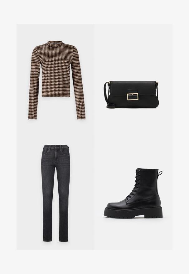Camiseta de manga larga en un patrón de jaquard de color negro y marrón, con cuello alto y silueta ajustada, fabricada en un material suave y elástico.; Jeans de mezclilla negros con un ajuste slim, tiro alto, cierre de botón y diseño tradicional de cinco bolsillos. Textura suave, desvanecimiento mínimo.; Botas de cuero negras hasta el tobillo con punta redonda, cordones en la parte delantera y una suela de goma gruesa con un dibujo texturizado. Tirador en la parte trasera.; Bolso de mano de cuero negro con una solapa y un detalle de hebilla de metal dorado. Incluye una correa negra y un diseño elegante y minimalista.; Pendientes de aro plateados con un diseño minimalista. Forma circular, textura suave y perfil delgado. Livianos con un acabado pulido.