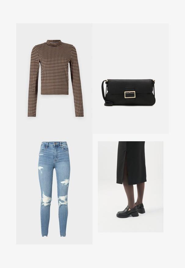 Ilgos rankovės marškiniai juodos ir rusvos spalvos šachmatiniu raštu, su aukštu kaklu ir prigludusia siluetu, pagaminti iš minkštos, elastingos medžiagos.; Šviesiai mėlynos džinsinės kelnės su aukšta talija, suplyšusiais keliais ir nusidėvėjusiais kraštais, turinčios penkis kišenių ir mygtuką.; Juodos odinės bateliai su apvaliu nosiu, stora blokine pakulne ir elastingais šonais, derinami su tamsiomis pėdkelnėmis ir juoda sijonu su plyšiu.; Juodas odinis dėkliukas su atvarteliu ir auksinės metalinės sagties detalėmis. Įeina juodas diržas ir elegantiškas, minimalistinis dizainas.; Sidabrinės pusmėnulio auskarai minimalistiniu dizainu. Apskritimo forma, lygus paviršius ir plonas profilis. Lengvi su poliruotu apdailu.