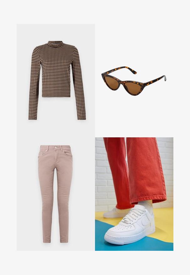 Long-sleeve top in a black and tan houndstooth pattern, featuring a high neck and fitted silhouette made from a soft, stretchy material.; Skinny jeans in light pink cotton fabric. Features five pockets, a front button closure, and a smooth texture with no visible patterns.; White leather sneaker with perforated toe box, textured sole, and white laces, paired with wide red pants and a blue and yellow background.; Cat-eye sunglasses with a black and orange tortoiseshell frame, brown lenses, and sleek, pointed tips. Features a minimal logo on the temple.; Silver hoop earrings with a minimalist design. Circular shape, smooth texture, and thin profile. Lightweight with a polished finish.
