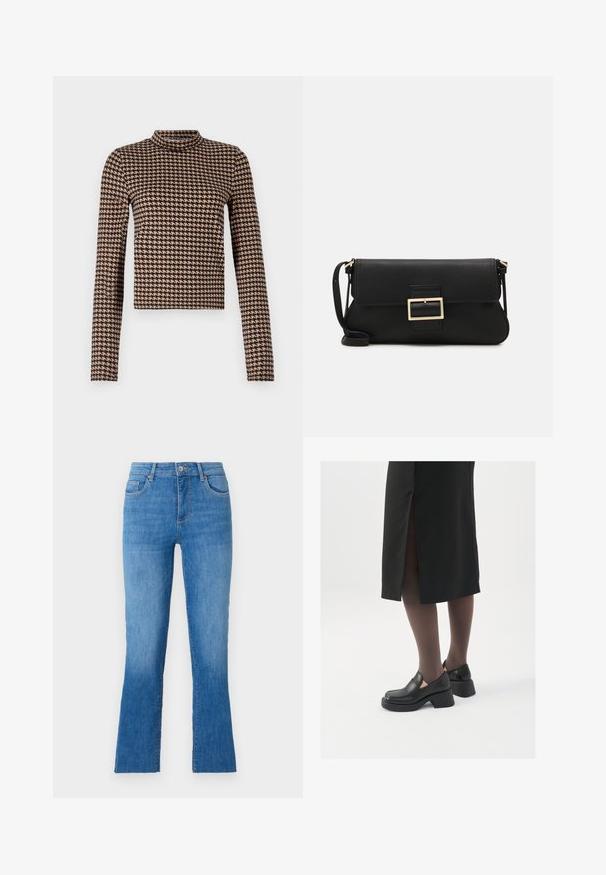 Camiseta de manga larga en un patrón de jaquard de color negro y marrón, con cuello alto y silueta ajustada, fabricada en un material suave y elástico.; Jeans de mezclilla azul con pierna acampanada, con una cintura de altura media, cinco bolsillos y un cierre clásico de botón plateado. Textura suave.; Zapatos de piel negra con punta redondeada, tacón grueso y bloque, y acentos elásticos en los laterales, combinados con unos pantys oscuros y una falda negra con una abertura.; Bolso de mano de cuero negro con una solapa y un detalle de hebilla de metal dorado. Incluye una correa negra y un diseño elegante y minimalista.; Pendientes de aro plateados con un diseño minimalista. Forma circular, textura suave y perfil delgado. Livianos con un acabado pulido.