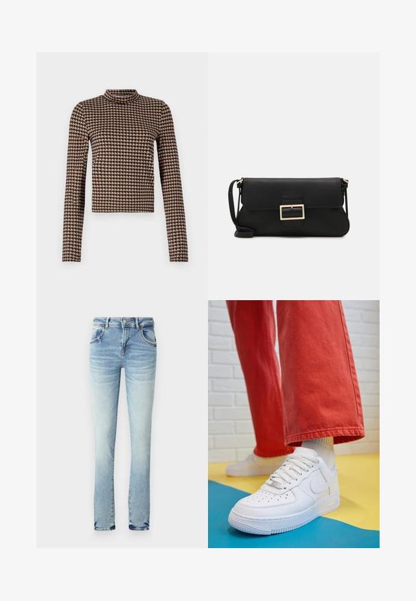 Dlhý rukáv top v čierno-hnedastej houndstooth potlači, s vysokým golierom a priliehavým strihom vyrobený z mäkkého, elastického materiálu.; Svetlomodré denimové džínsy s efektom vyblednutia. Obsahujú päť vreciek, zapínanie na gombík a zips a majú rovný strih. Žiadne viditeľné vzory.; Biele kožené tenisky s perforovanou špičkou, textúrovanou podrážkou a bielymi šnúrkami, spárované so širokými červenými nohavicami na modrom a žltom pozadí.; Čierna kožená clutch taška s klopou a zlatým kovovým detailom s prackou. Obsahuje čierny remienok a elegantný, minimalistický dizajn.; Zlaté kruhové náušnice s hladkým, lesklým povrchom. Cirkulárny dizajn s malým steblom a jasným záznamom pre bezpečné nosenie.