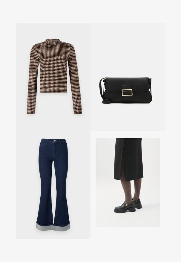 Pitkähihaisen puseron musta-tan houndstooth-kuvio, jossa on korkea kaulus ja kiinteä siluetti, valmistettu pehmeästä ja joustavasta materiaalista.; Tummansiniset leveälahkeiset farkut, jotka on valmistettu denimestä ja joissa on korkea vyötärö. Lahkeensuussa on leveä käänne vaaleammasta denimistä. Viisipaikkainen muotoilu ja nappikiinnitys.; Mustat nahkakengät pyöreällä kärjellä, paksulla lohkopohjalla ja joustavilla sivuakkesseilla, yhdistettynä tummiin sukkahousuihin ja mustaan hameeseen, jossa on halkio.; Musta nahkainen kynäpenkkilaukku, jossa on läppä ja kultainen metallinen solkiyksityiskohta. Mukana musta hihna ja tyylikäs, minimalistinen muotoilu.; Hopehope hopeilla, joissa on minimalistinen muotoilu. Pyöreä muoto, sileä pinta ja ohut profiili. Kevyet ja kiillotetut.