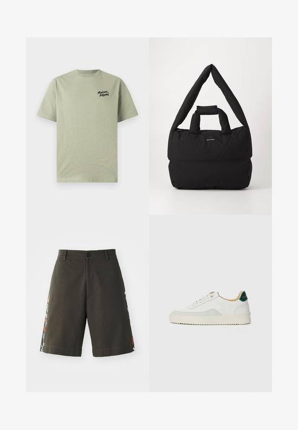 T-shirt in cotone verde oliva con colletto rotondo, maniche corte e logo ricamato nero sulla parte sinistra del petto. Tessuto morbido.; Paul Smith EMBORIDERED - Shorts - military green; Sneaker bianco con accenti in camoscio, punta rotonda, lacci piatti e suola in gomma crema. Presenta un marchio verde sul tallone.; Borsa nera imbottita con una larga tracolla morbida e manico superiore. Caratterizzata da una chiusura con zip e un discreto logo sul davanti.