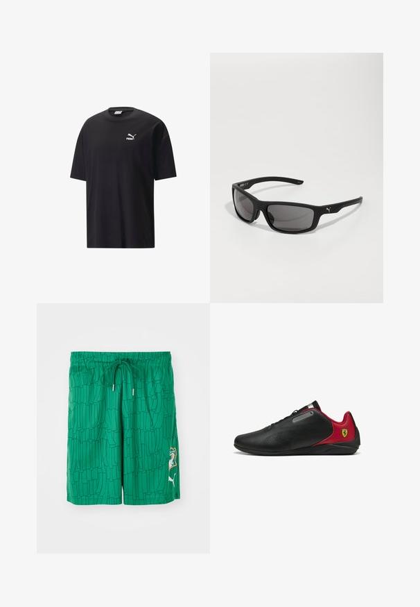 T-shirt en coton noir à manches courtes, col ras du cou, avec un logo Puma blanc sur la poitrine. Design simple et dépouillé.; Shorts de bain verts avec un motif texturé, taille élastique et cordon de serrage. Présente un patch logo sur le côté et des détails de contraste.; Baskets noires avec des accents rouges, design élégant, texture perforée sur le dessus, avec un accent en métal et un logo sur le talon.; Lunettes de soleil noires avec une finition mate, verres rectangulaires et un accent de logo proéminent sur la branche. Verres polarisés, protection UV.