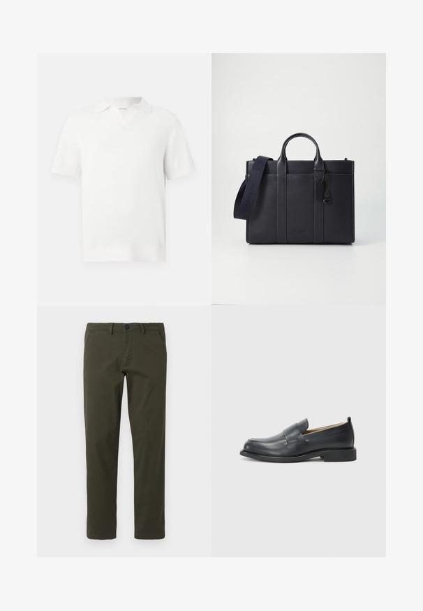 White short-sleeve polo shirt with a textured knit design, featuring a V-neck collar and ribbed cuffs for a fitted finish.; Olive green, straight-leg trousers made from cotton blend fabric. Features a zipper fly, belt loops, and two side pockets. Smooth texture.; Black leather loafers featuring a smooth finish, a flat sole, and a rounded toe with a decorative strap across the upper.; Dark navy leather briefcase with dual top handles and a detachable strap. Features textured finish, vertical stitching, and logo detail.