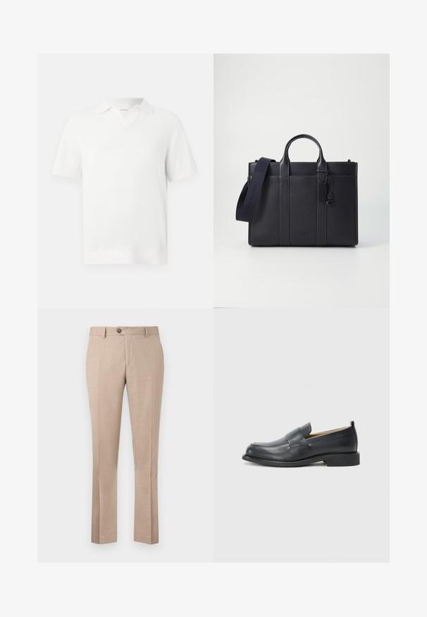 Polo de manga curta branco com um design de malha texturizada, apresentando um colarinho em V e punhos canelados para um acabamento ajustado.; Calças bejes feitas de um tecido leve, com um corte reto, fecho de um botão e dois bolsos frontais.; Mocassins de couro pretos com um acabamento suave, sola plana e bico arredondado, com uma tira decorativa atravessando a parte superior.; Pasta de couro azul-marinho escura com alças superiores duplas e uma alça destacável. Apresenta um acabamento texturizado, costura vertical e detalhe do logotipo.