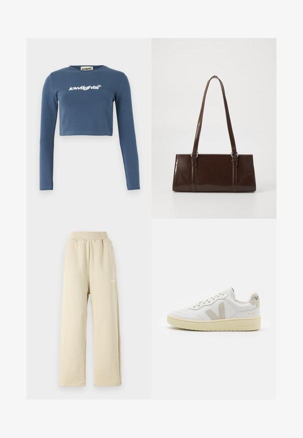 Camisa azul curta de mangas compridas, feita de algodão macio, apresentando o logótipo "lowlights" bordado em branco na parte da frente. Textura suave, gola canelada.; Calças de moletão largas bege, feitas de tecido macio, com uma cintura elástica, bolsos laterais e um pequeno detalhe de logótipo bordado.; Sapatilha de couro branca com detalhes em camurça bege, biqueira perfurada, atacadores planos e sola texturizada creme. Apresenta uma marcação subtil no calcanhar.; Bolsa de mão em couro patente castanho com formato retangular, duas alças longas e acentos curvos sutis na parte da frente.