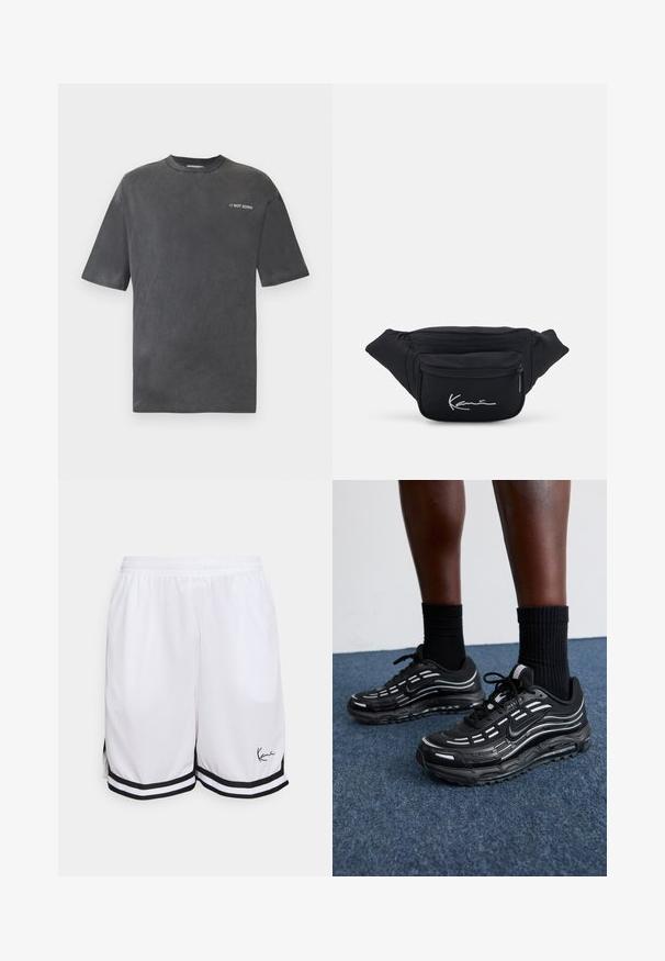 Juodas trumpomis rankovėmis marškinėliai, pagaminti iš minkštos medžiagos, su apvalia iškirpte ir užrašu "// NOT SORRY" baltos spalvos kairėje krūtinės pusėje.; Balti sportiniai šortai, pagaminti iš lengvos medžiagos, su juodu juosteliu apatine dalimi ir firminiu logotipu kairėje apatinėje pusėje.; Juodi Nike batai turi orui pralaidžią viršutinę dalį su akcento juostelėmis, tekstūruotais raišteliais ir juodu guminio pado. Dėvimi su juodais šonkauliniais sokais.; Juodas audinio juosmens krepšys su dviem užtrauktukais. Pasižymi lygiu tekstūru ir balta siuvinėta logotipu priekinėje kišenėje.