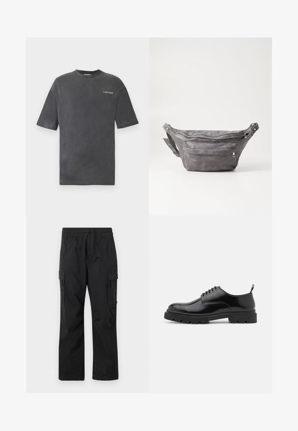 Black short-sleeve t-shirt made of soft fabric, featuring a crew neck and the text "// NOT SORRY" in white on the left chest area.; Black cargo pants made of lightweight fabric, featuring an elastic waistband, drawstring, and two side cargo pockets.; Black leather lace-up shoes with a rounded toe, smooth texture, and ridged rubber sole. Features a small heel and a pull tab at the back.; Gray suede fanny pack with a rounded shape, two zippered compartments, and adjustable strap. Features metal hardware accents.