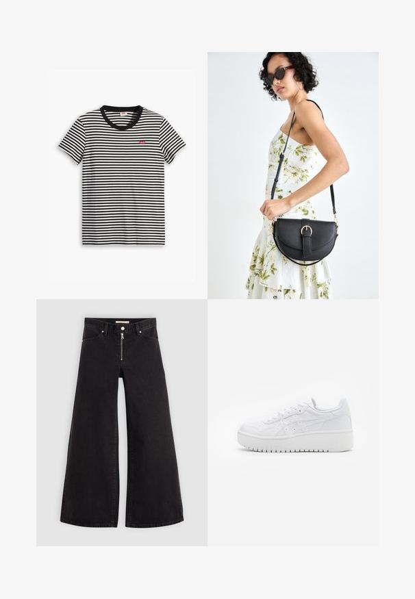 Svart og hvit stripete T-skjorte laget av bomull. Har rund halslinning og en liten rød Levi's-logo på brystet. Korte ermer.; Vide benbukser i sort denim med glidelås i front, fem-lomme design og subtile sømdetaljer. Glatt tekstur og avslappet stil.; Hvide platform sneakers med en glat læderoverflade, perforerede detaljer og flade snørebånd; har en tyk hvid gummisål.; Svart lærveske med en buet form, avtagbar stropp og gullbeslag. Vesken har et klaff med spenne-detall.