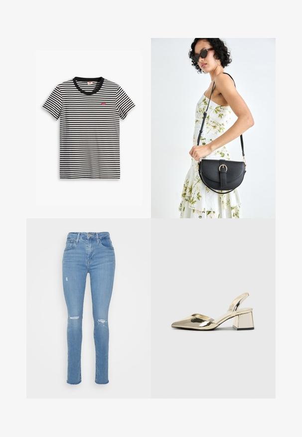 Juodai balta dryžuota medvilninė marškinė. Turintys apvalią iškirptę ir mažą raudoną Levi's logotipą ant krūtinės. Trumpomis rankovėmis.; Šviesiai mėlyni džinsiniai liekni džinsai su aukštu liemeniu, turintys subraižytus detales ant kelių ir klasikinį penkių kišenių dizainą.; Auksiniai, metaliniai slingback aukštakulniai bateliai su smailiu pirštu ir masyviu kulnu. Lygus paviršius, minimalizmo dizainas ir siaura juostelė.; Juodas odinis krepšys su išlenkta forma, nuimamu dirželiu ir auksiniais detalėmis. Krepšys turi kilpą su sagtimi.