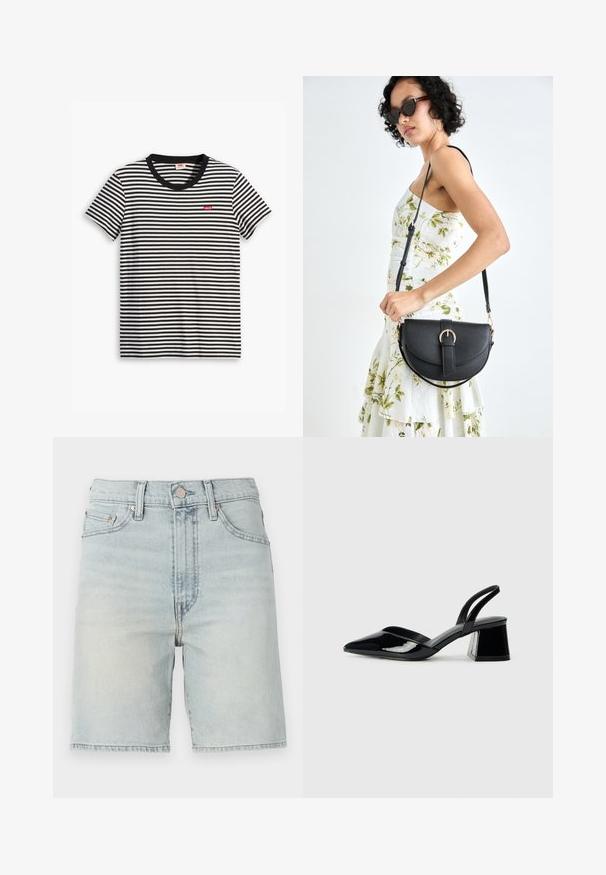T-shirt às riscas pretas e brancas, feito de algodão. Apresenta um decote redondo e um pequeno logo vermelho da Levi's no peito. Mangas curtas.; Calções de ganga azul claro com cintura alta, cinco bolsos e fecho de botão. Apresentam áreas desbotadas e um corte reto na barra.; Sandy em verniz preto com salto slingback, ponta afilada e salto geométrico. Apresenta um design elegante e minimalista com textura suave.; Bolsa de couro preta com forma curva, alça destacável e detalhes em dourado. A bolsa possui uma aba com detalhe de fivela.