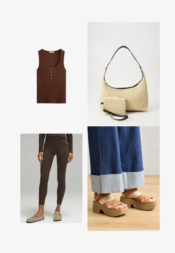 Barna, bordázott ujjatlan felső, kerek nyakkivágással, amely az elején egy öttagú gombolással rendelkezik, és testhez simuló szabású. Nincsenek látható címkék.; Barna, magas derekú leggings rugalmas anyagból, testhezálló kialakítással és sima textúrával, kényelmes bézs klumpákkal párosítva.; Barna suède platform szandál dupla pántokkal, texturált talppal és vastag, kontúros sarokkal. Farmernadrággal viselve.; Fonott szalmakézi táska ívelt sziluettel, sima fekete bőrszíjjal és egy hozzá illő, csuklószíjjal rögzített kis tasakkal.