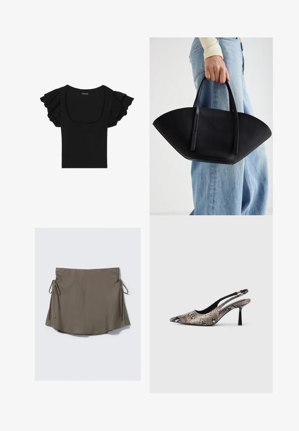Mustmusteljekas lühikeste varrukatega topp, millel on volangitud varrukad, laia kaelakaeluse ning istuv siluett. Valmistatud kergest ja venivast kangast.; Pruun lühike seelik, millel on reguleeritavad küljsidemed ja kogutud detailid mõlemal küljel, esitatud lihtsa valge tausta ees.; Kitsas varvusega slingback kingad, mis on valmistatud tekstuuriga maosarnase materjali toel, omavad saledat musta kõrget kontsa ja lõikega disaini külgedel.; Must mustra kott, millel on unikaalne fännikujuline disain, millel on lapikud käepidemed. Pinna tekstuur on kivikujuline ja disain on minimalistlik.