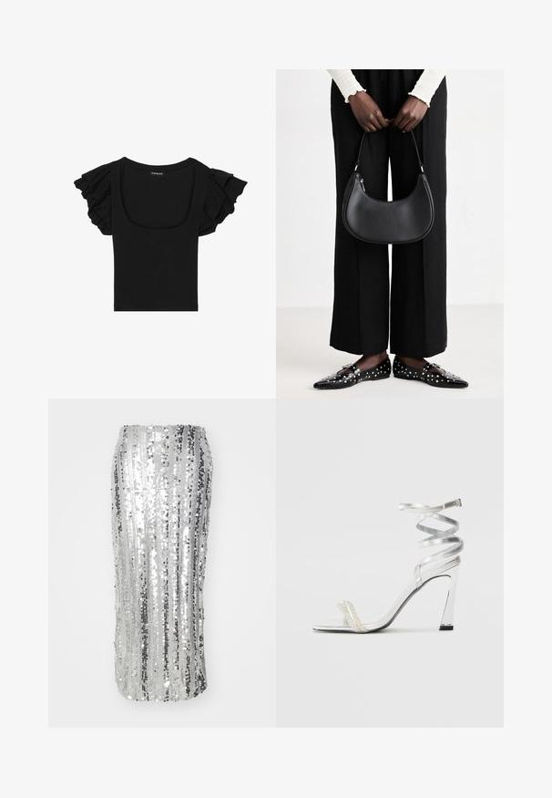 Schwarzes kurzärmliges Top mit Rüschensäumen, breitem Halsausschnitt und figurbetonter Silhouette. Aus leichtem, dehnbarem Stoff gefertigt.; Silberne Pailletten-Bleistiftrock mit vertikalen Streifen, figurbetontem Schnitt und glattem, schimmerndem Finish. Elegantes Design, geeignet für formelle Anlässe.; Silberne High-Heel-Sandale mit einem glänzenden Riemen-Design, das einen perlenähnlichen Akzent und einen spiralförmigen Knöchelriemen für einen sicheren Sitz bietet.; Schwarze Leder-Schultertasche mit runder Form, glänzender Oberfläche und silbernem Beschlag. Person trägt schwarze weit geschnittene Hosen und Nieten-Loafers.