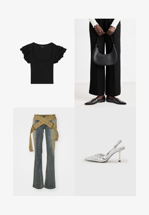 Svart kortermet topp med volangerm, med vid halsringning og tettsittende silhuett. Laget av lett, elastisk stoff.; Jaded London STRAP UP STONEWASH - Jeans bootcut - hellblau; Sølv slingback høyhelte sko med spiss tå, metallisk finish, to dekorative stropper, og en slank hæl med svart tupp.; Svart skinn skulderveske med en avrundet form, glanset overflate og sølvfargede detaljer. Person iført sorte vide bukser og naglede loafers.