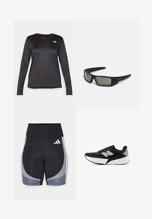 Maglietta sportiva nera a maniche lunghe realizzata in un materiale leggero e liscio, caratterizzata da una texture sottile e un piccolo logo sul petto.; Pantaloni corti sportivi neri con dettagli grigi. Realizzati in materiale elastico, presentano una vita alta e un design con pannelli laterali con logo del marchio in bianco.; Scarpa da corsa New Balance in bianco e nero con suola spessa, parte superiore in rete e logo "N" sul lato, vista dal lato esterno.; Occhiali da sole neri con finitura opaca, lenti rettangolari, leggero curvatura sulle tempie, dettaglio logo discreto e lenti color fumo.