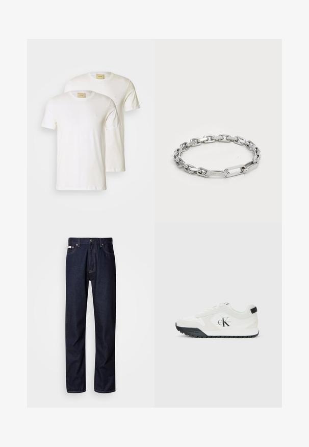 Bijele pamučne majice s kratkim rukavima, okruglim izrezom i malim logom na prsima, prikazane u paketu od dva komada. Glatka tekstura.; Tamno plave traperice ravnog kroja, s gumbom za zatvaranje, pet džepova i kontrastnim šavovima.; Calvin Klein bijele tenisice s crnim đonom, panelli od anilinske kože i mrežaste tkanine, CK logo sa strane, te Calvin Klein brendiranje na peti i đonu.; Srebrna narukvica od lanca s ovalnim i pravokutnim karikama s glatkom teksturom. Ugravirani logo Calvin Klein na ravnoj karici.