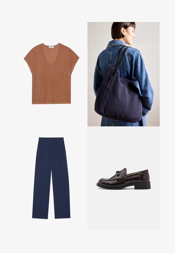 Brown, short-sleeve top with a V-neck, made of ribbed material with a subtle sheen, featuring a loose, relaxed fit. Label: Anna Field.; Navy blue wide-leg pants made of soft fabric, featuring front pleats, a smooth texture, and a straight fit with no visible pockets.; Brown leather loafers with a smooth texture, featuring a decorative strap and buckle, low black heel, and rounded toe design.; Navy canvas shoulder bag with a soft, structured shape, featuring a black strap, stitched detailing, and a small brand tag.