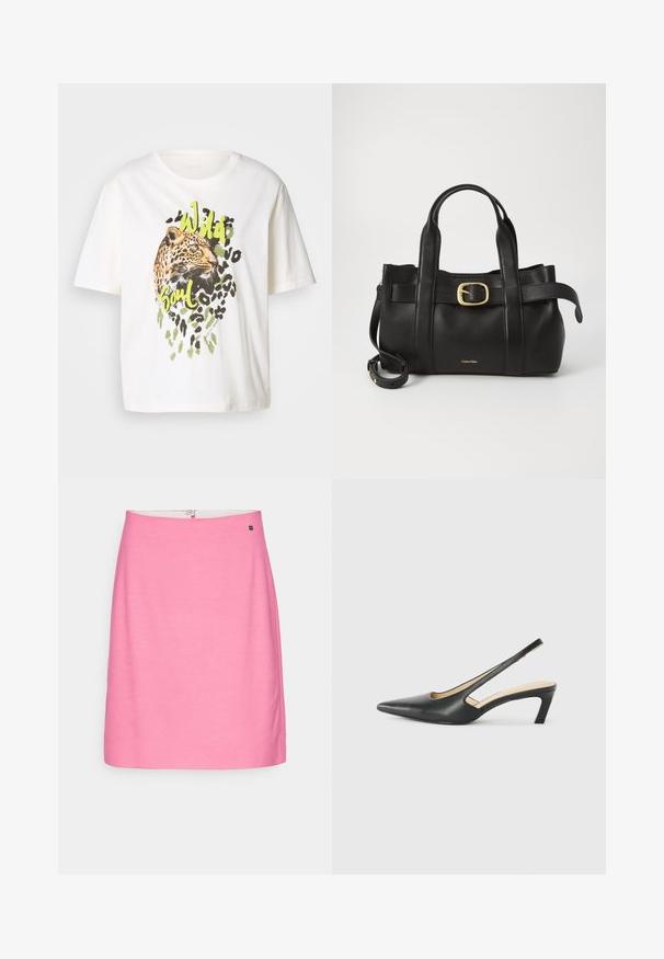 Weißes Baumwoll-T-Shirt mit einem Leopardenmotiv in grünen Akzenten und dem Schriftzug "Wild Soul". Kurze Ärmel, lockere Passform und glatte Textur.; Marc Cain Minirock - super pink; Schwarzer spitz zulaufender Slingback-Schuh mit niedrigem Absatz, der aus glattem Leder gefertigt ist und seitliche Ausschnitte für Atmungsaktivität aufweist.; Schwarze Lederhandtasche mit strukturiertem Design, doppelten oberen Griffen, goldfarbenem Schnallenakzent und geprägtem Markenlogo auf der Vorderseite.