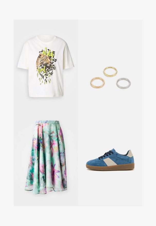 White cotton t-shirt featuring a leopard graphic with green accents and the words "Wild Soul." Short sleeves, relaxed fit, and smooth texture.; Marc Cain A-line skirt - light green; Blue suede sneaker with a beige leather accent, dark laces, and a textured gum sole; low-profile design with a rounded toe.; Three metal rings: one rose gold, one gold with textured accents, and one silver, all with engraved branding on the inner band.