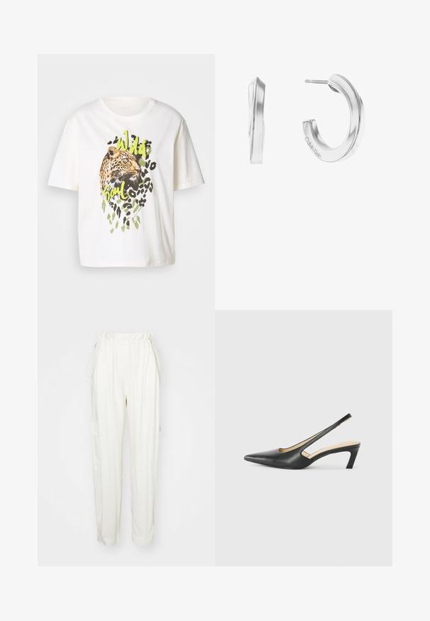 Biela bavlnená tričko s leopardím grafickým vzorom a zelenými akcentmi s nápisom "Divoká duša." Krátke rukávy, voľný strih a hladká textura.; Krémové nohavice s elastickým pásom, bočnými vreckami a voľným strihom. Vyrobené z mäkkej tkaniny s hladkým povrchom.; Čierne slingback topánky s ostrou špičkou a nízkym opätkom, vyrobené z hladkej kože a s výrezmi na boku pre lepšiu priedušnosť.; Strieborné kruhové náušnice s hladkým, zaobleným dizajnom. Kov je lesklý, s minimalistickými prvkami a jemne vygravírovaným logom.