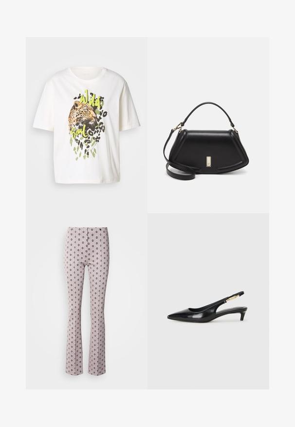 Tricou alb din bumbac cu un grafic de leopard și accente verzi, având inscripția "Wild Soul". Mâneci scurte, croială lejeră și textură netedă.; Pantaloni evazați din material roz deschis, cu un model circular complex în negru. Design structurat cu un talie înaltă și detalii de cusătură subtile.; Sandale slingback din piele neagră cu vârf ascuțit, având un toc subțire și un accent de culoare aurie pe curea ajustabilă. Textură netedă.; Geantă de umăr din piele neagră, cu un design structurat, având o formă tăiată, mânere superioare și accente din aur. Include o curea de umăr ajustabilă.