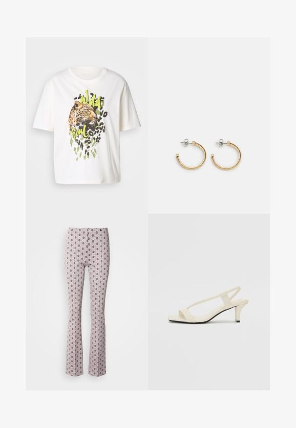 T-shirt en coton blanc avec un graphique de léopard aux accents verts et les mots "Âme Sauvage". Manches courtes, coupe décontractée et texture lisse.; Pantalons évasés en tissu rose clair présentant un motif circulaire complexe en noir. Design structuré avec une taille haute et des détails de coutures subtils.; Sandales beiges à talons carrés avec des fines brides et un bout carré. Matière lisse avec des détails minimaux, conçues pour un port facile.; Boucles d'oreilles en or avec un design en corde torsadée, tiges en argent et accents carrés. Fini métallique lisse avec un look poli.