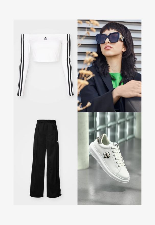 Top corto blanco de manga larga y sin hombros en tejido elástico. Presenta acentos en negro con tres rayas en las mangas y un pequeño logo negro en el pecho.; Pantalones de chándal negros de pierna ancha con cinturilla elástica, que cuentan con rayas laterales blancas y un pequeño logo en la cadera izquierda. Textura de tela suave.; Zapatilla blanca de Karl Lagerfeld con cordones, parche de logo en negro y beige, y pestaña metálica plateada en el talón, flotando sobre un suelo gris.; Gafas de sol de gran tamaño de color negro con un marco grueso y detalles en dorado, llevadas con un blazer negro y una camisa verde brillante, contra un fondo horizontal.