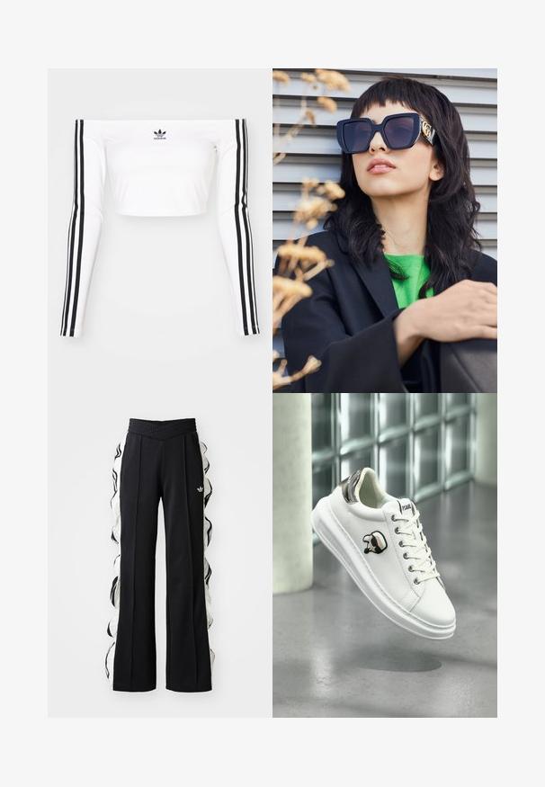 Weißes langärmeliges Off-Shoulder-Crop-Top aus dehnbarem Material. Mit schwarzen drei-Streifen-Akzenten an den Ärmeln und einem kleinen schwarzen Logo auf der Brust.; Schwarze Sporthose mit strukturierter Taille, weißen Seitenpanelen und Rüschendetails sowie einem bestickten Logo auf der Vorderseite.; Weiße Karl Lagerfeld Sneaker mit Schnürung, schwarzem und beigem Logo-Patch und metallisch silberner Ferse, schwebend über einem grauen Boden.; Übergroße schwarze Sonnenbrille mit dickem Rahmen und goldenen Akzenten, getragen mit einem schwarzen Blazer und einem leuchtend grünen Hemd, vor einem horizontalen Hintergrund.
